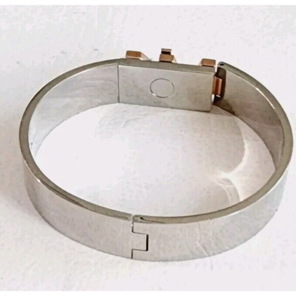 MICHAEL KORS SILVER,LOGO ROSE GOLD 2 TONE TURN LOCK,OVAL CUFF BANGLE MKJ6839 7" - Picture 2 of 5